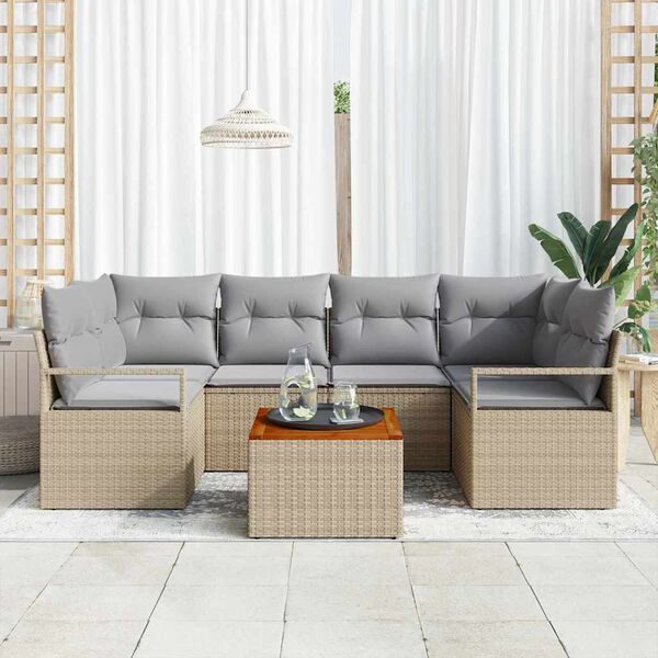 vidaXL Garten-Sofa-Set mit Kissen 7 pcs Beige Poly Rattan