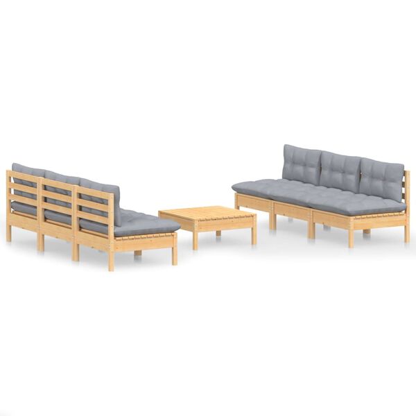 vidaXL 7-tlg. Garten-Lounge-Set mit Grauen Kissen Kiefernholz