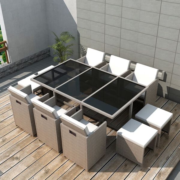 vidaXL 11-tlg. Garten-Essgruppe mit Auflagen Poly Rattan Beige