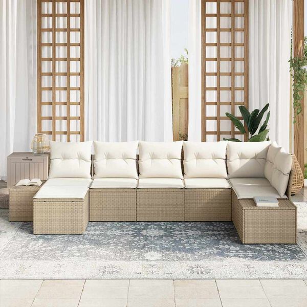 vidaXL Garten-Sofa-Set mit Kissen mit Speicher 7 pcs Beige Poly-Rattan