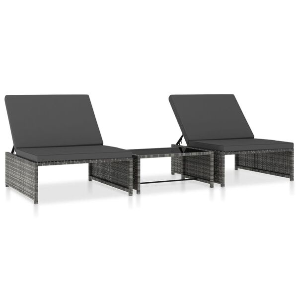 vidaXL Sonnenliegen 2 Stk. mit Tisch Poly Rattan Grau