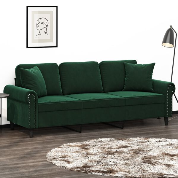 vidaXL 3-Sitzer-Sofa mit Kissen Dunkelgr&uuml;n 180 cm Samt