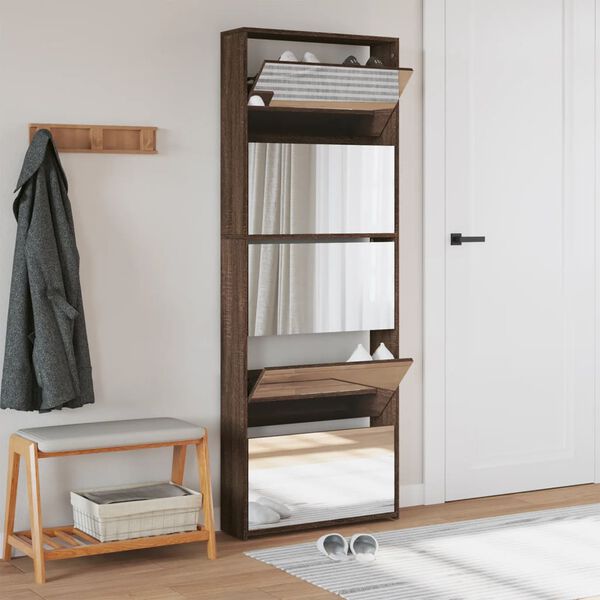 vidaXL Schuhschrank mit Spiegel 5 F&auml;cher Braun Eiche 63x17x169,5 cm