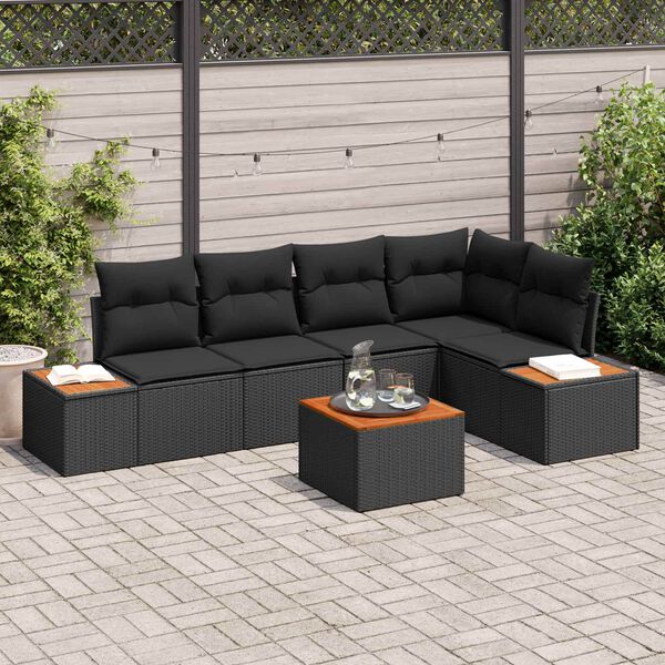 vidaXL Garten-Sofa-Set mit Kissen 6 pcs Schwarz Poly Rattan