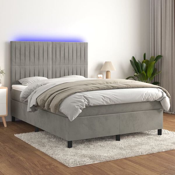 vidaXL Boxspringbett mit Matratze & LED Hellgrau 140x200 cm Samt