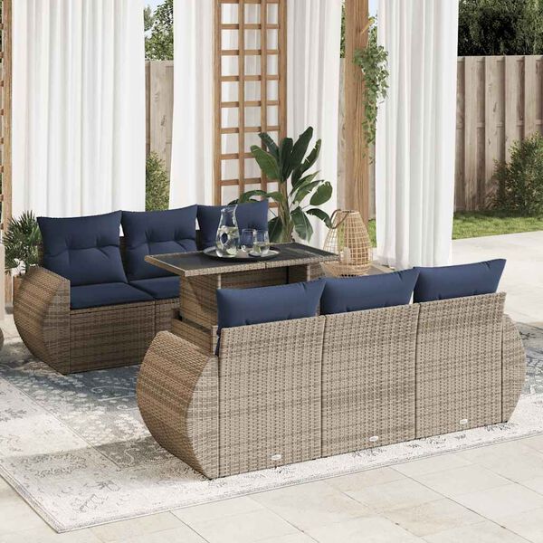vidaXL 7-tlg. Garten-Sofagarnitur mit Kissen Grau Poly Rattan Akazie