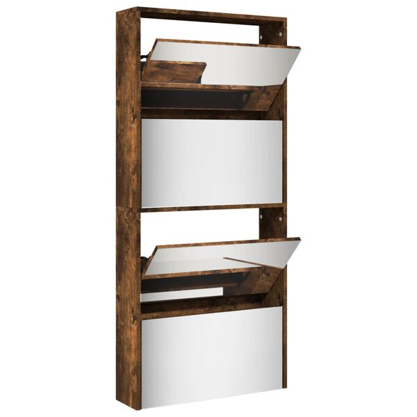 vidaXL Schuhschrank mit Spiegel 4 F&auml;cher R&auml;uchereiche 63x17x134 cm