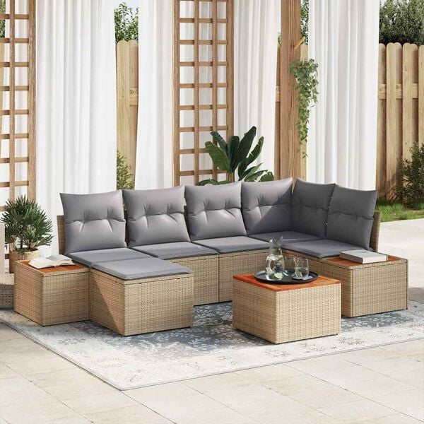 vidaXL Garten-Sofa-Set mit Kissen 7 pcs Beige und Hellgrau Poly Rattan