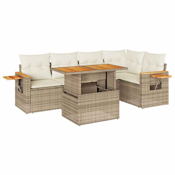 vidaXL 6-tlg. Garten-Sofagarnitur mit Kissen Beige Poly Rattan Akazie