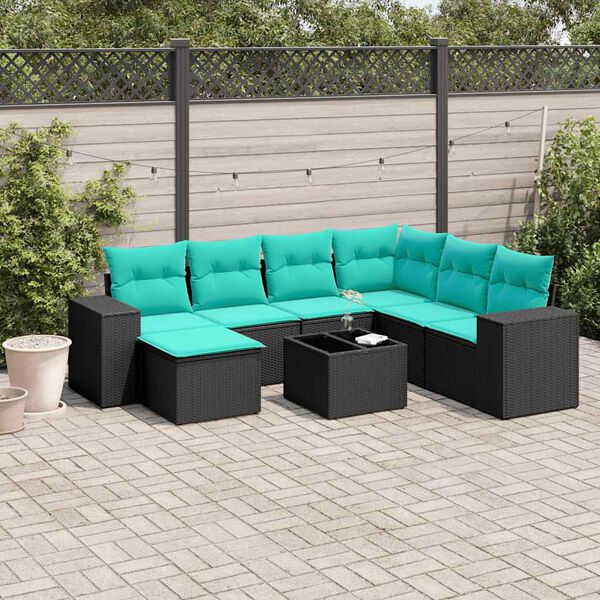 vidaXL 8-teiliges Gartensofa-Set mit Kissen, schwarzes Polyrattan