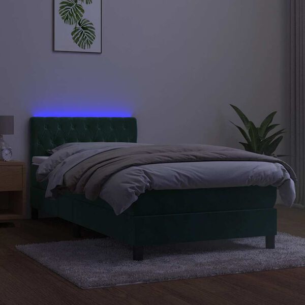 vidaXL Boxspringbett mit Matratze & LED Dunkelgr&uuml;n 90x190 cm Samt