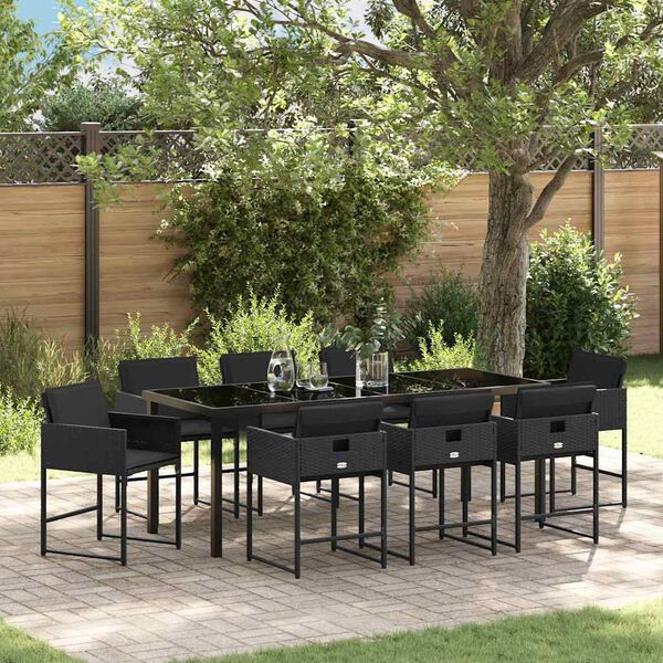 vidaXL Garten Essgruppe mit Kissen 9 pcs Schwarz Poly-Rattan
