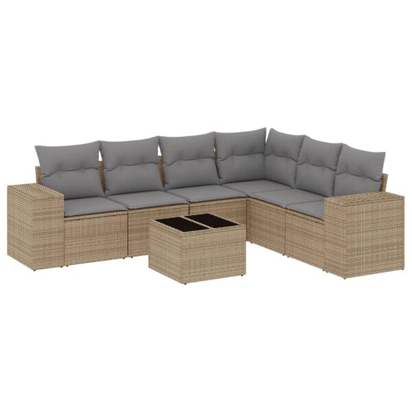 vidaXL 7-tlg. Garten-Sofagarnitur mit Kissen Beige Poly Rattan