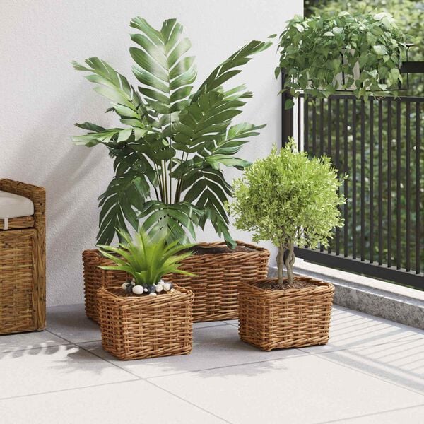 vidaXL Blumentopfkorb mit Speicher 3 pcs Braun Kubu Rattan