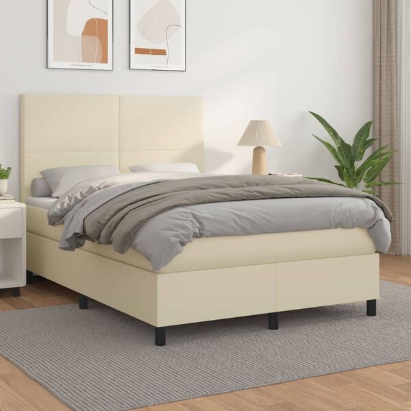 vidaXL Boxspringbett mit Matratze Creme 140x200 cm Kunstleder