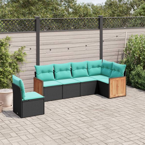 vidaXL 6-teiliges Gartensofa-Set mit Kissen, schwarzes Polyrattan