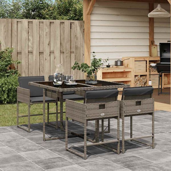 vidaXL 5-tlg. Garten-Essgruppe mit Kissen Grau Poly Rattan