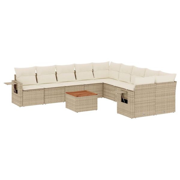 vidaXL 11-tlg. Garten-Sofagarnitur mit Kissen Beige Poly Rattan