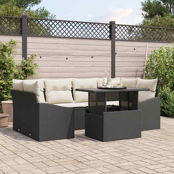 vidaXL Garten-Sofa-Set mit Kissen 7 pcs Schwarz und Creme Poly-Rattan