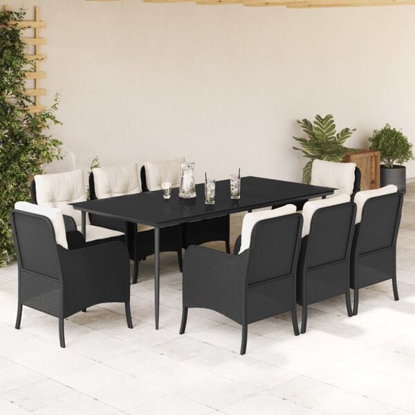 vidaXL 9-tlg. Garten-Essgruppe mit Kissen Schwarz Poly Rattan
