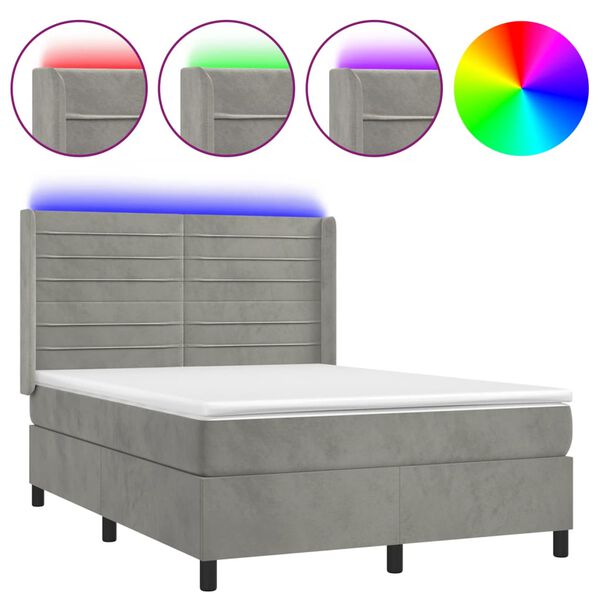 vidaXL Boxspringbett mit Matratze & LED Hellgrau 140x190 cm Samt