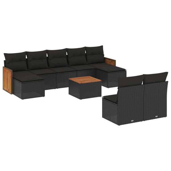 vidaXL 10-tlg. Garten-Sofagarnitur mit Kissen Schwarz Poly Rattan