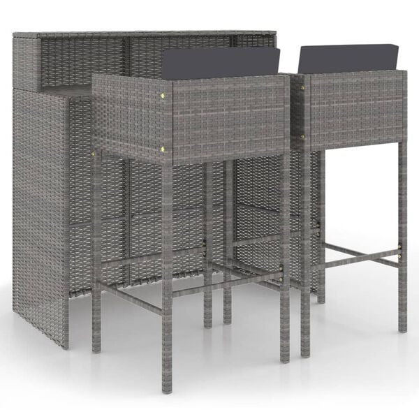 vidaXL 3-tlg. Gartenbar-Set mit Kissen Poly Rattan Grau