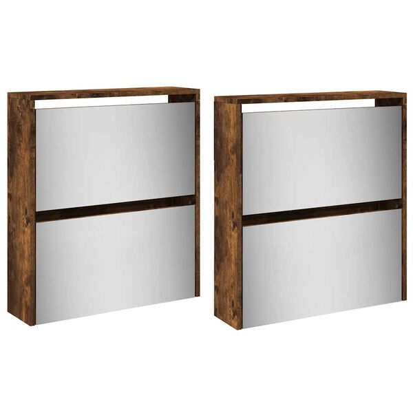 vidaXL Schuhschrank mit Spiegel 4 F&auml;cher R&auml;uchereiche 63x17x134 cm