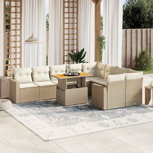 vidaXL 10-tlg. Garten-Sofagarnitur mit Kissen Beige Poly Rattan