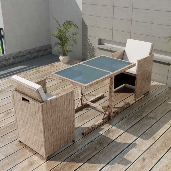 vidaXL 3-tlg. Bistro-Set mit Auflagen Poly Rattan Beige