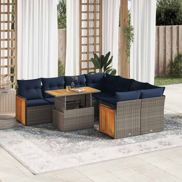 vidaXL 9-tlg. Garten-Sofagarnitur mit Kissen Grau Poly Rattan Akazie