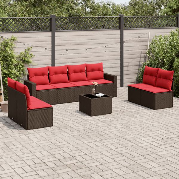 vidaXL 9-tlg. Garten-Sofagarnitur mit Kissen Braun Poly Rattan