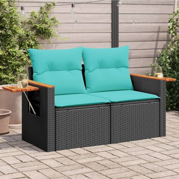 vidaXL Gartensofa mit Kissen 2-Sitzer Schwarz Poly Rattan