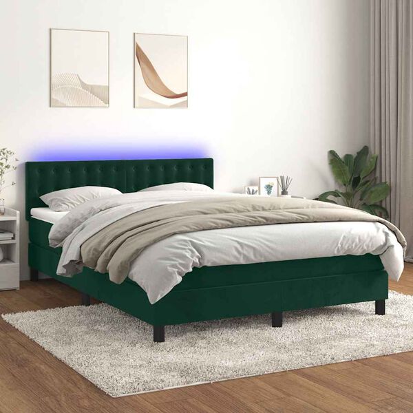 vidaXL Boxspringbett mit Matratze & LED Dunkelgr&uuml;n 140x190 cm Samt