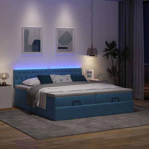 vidaXL Ottoman-Bett mit Matratzen & LEDs Dunkelblau 180x200 cm Samt