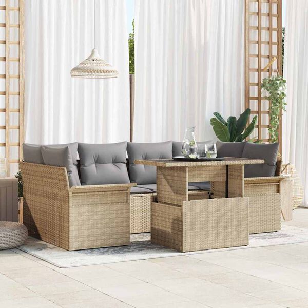 vidaXL Garten-Sofa-Set mit Kissen mit Speicher 7 pcs Beige Poly Rattan