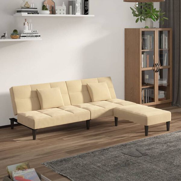 vidaXL Schlafsofa 2-Sitzer mit 2 Kissen & Hocker Creme Samt