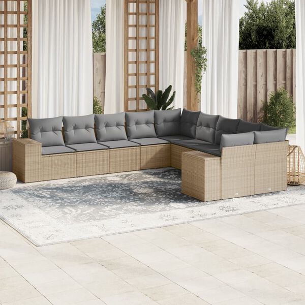 vidaXL 10-tlg. Garten-Sofagarnitur mit Kissen Beige Poly Rattan