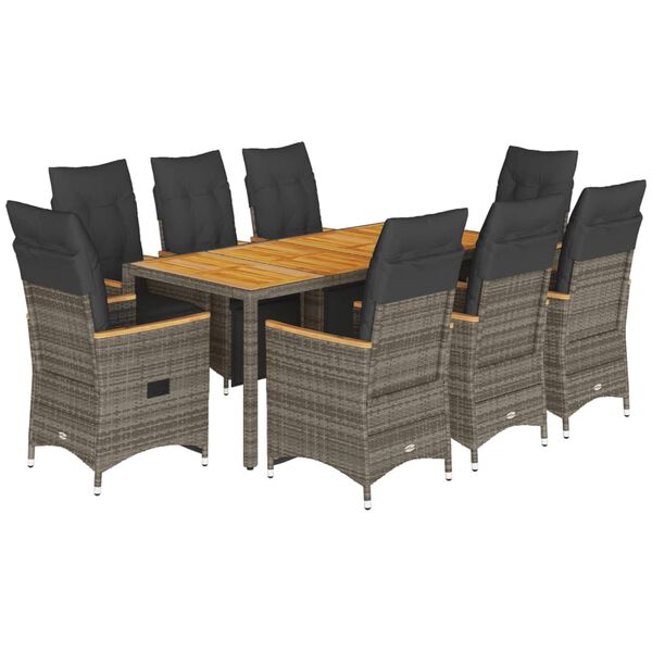 vidaXL 9-tlg. Garten-Bistro-Set mit Kissen Grau Poly Rattan