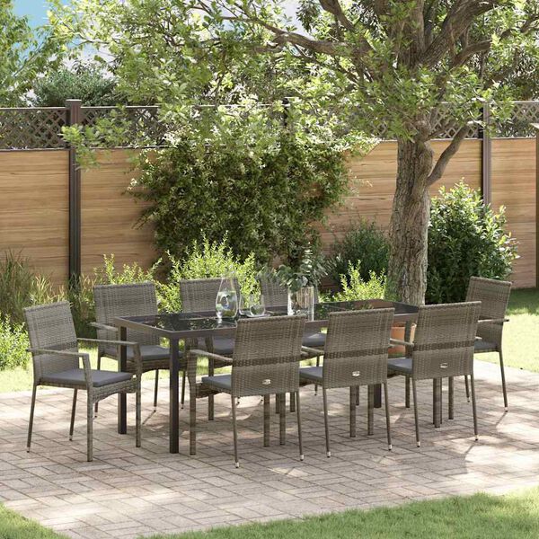 vidaXL Garten Essgruppe mit Kissen 9 pcs Grau Poly-Rattan