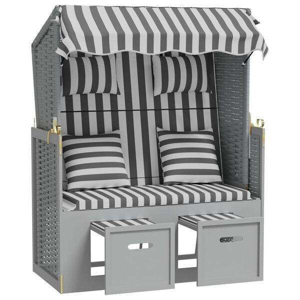 vidaXL Strandkorb mit Kissen Poly Rattan und Massivholz Grau & Wei&szlig;
