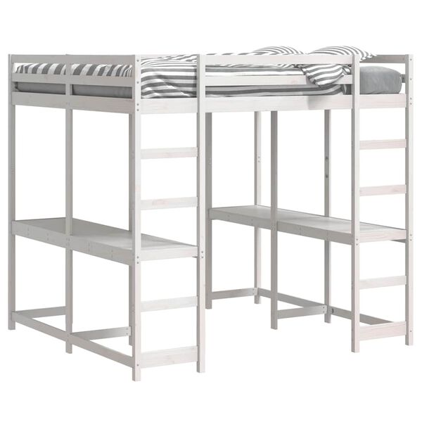 vidaXL Hochbett mit Schreibtisch & Leiter Wei&szlig; 140x200 cm Kiefernholz