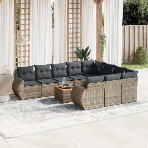 vidaXL 11-tlg. Garten-Sofagarnitur mit Kissen Grau Poly Rattan