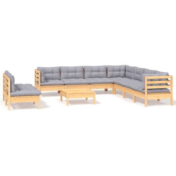vidaXL 10-tlg. Garten-Lounge-Set mit Grauen Kissen Massivholz Kiefer