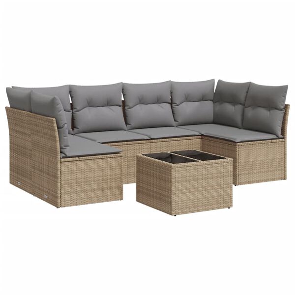vidaXL 7-tlg. Garten-Sofagarnitur mit Kissen Beige Poly Rattan