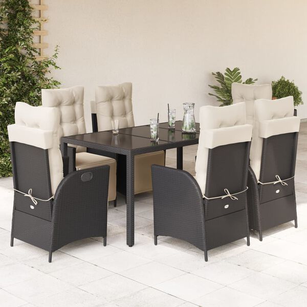 vidaXL 7-tlg. Garten-Essgruppe mit Kissen Schwarz Poly Rattan