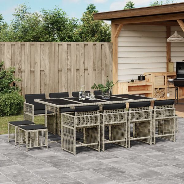 vidaXL 13-tlg. Garten-Essgruppe mit Kissen Hellgrau Poly Rattan
