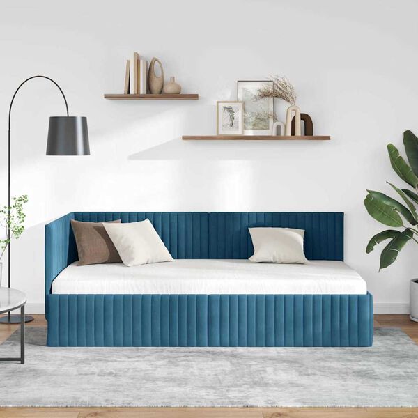 vidaXL Eckbettgestell mit Kopfteil Blau 90 cm x 200 cm Samt