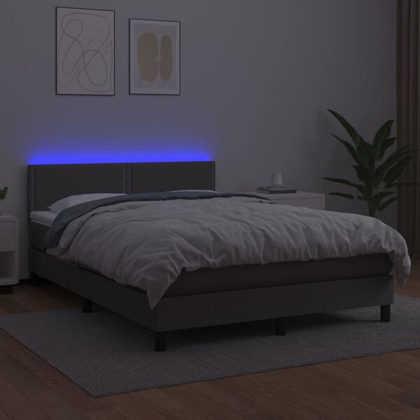vidaXL Boxspringbett mit Matratze & LED Grau 140x200 cm Kunstleder