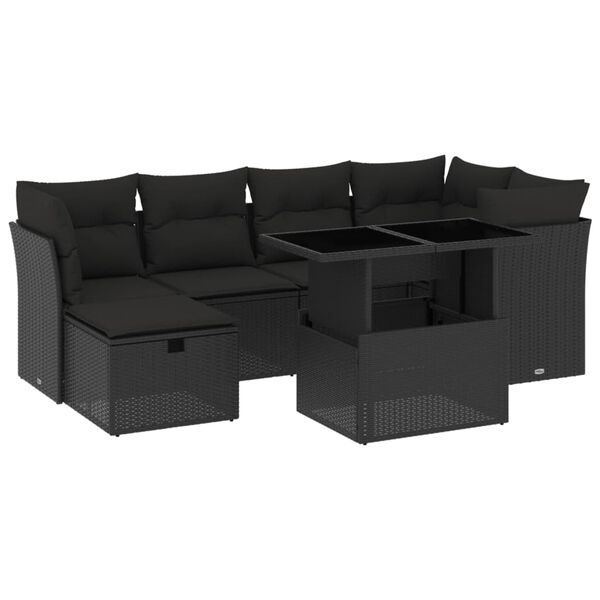 vidaXL 7-tlg. Garten-Sofagarnitur mit Kissen Schwarz Poly Rattan